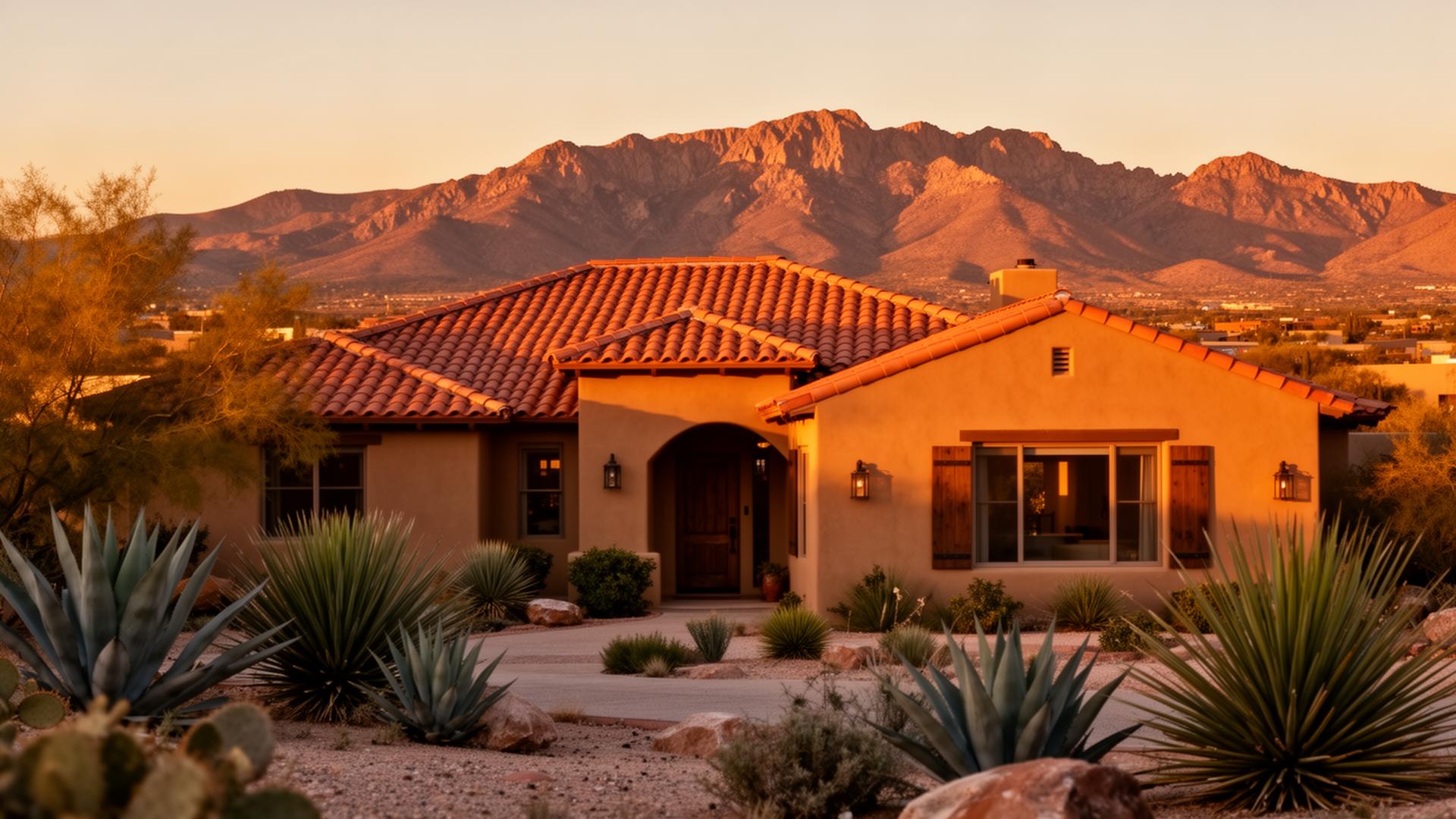 Southwestern home in El Paso at golden hour with Franklin Mountains